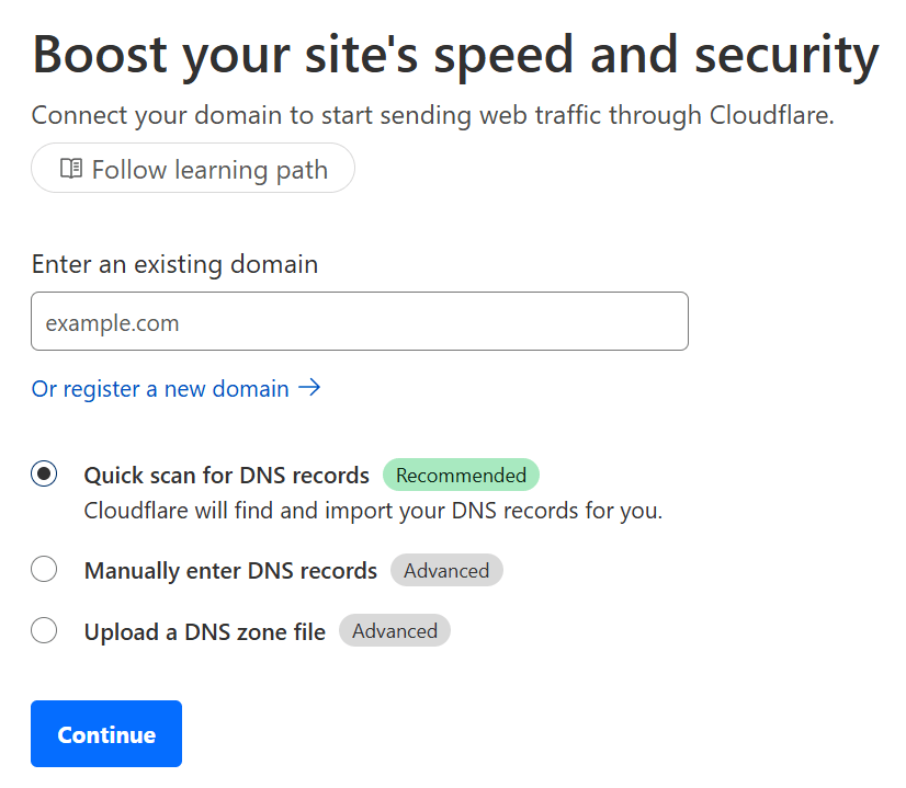 Adding a domain in Cloudflare Adding a domain to Cloudflare.