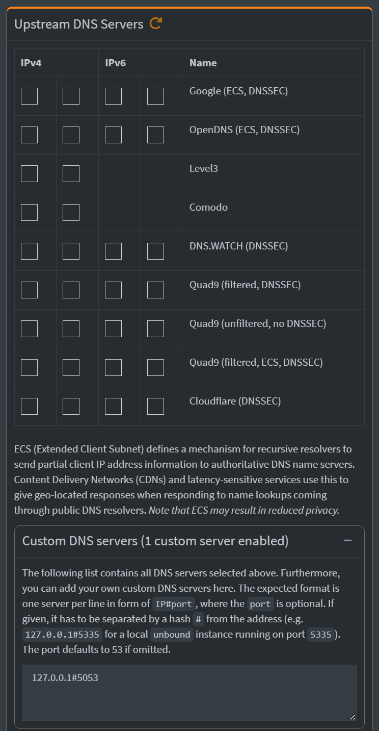 Pi-Hole DNS settings.