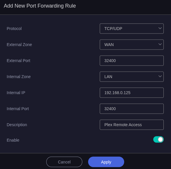 A screenshot of the GL.iNet Flint 2 router's web-based user interface, port forwarding settings
