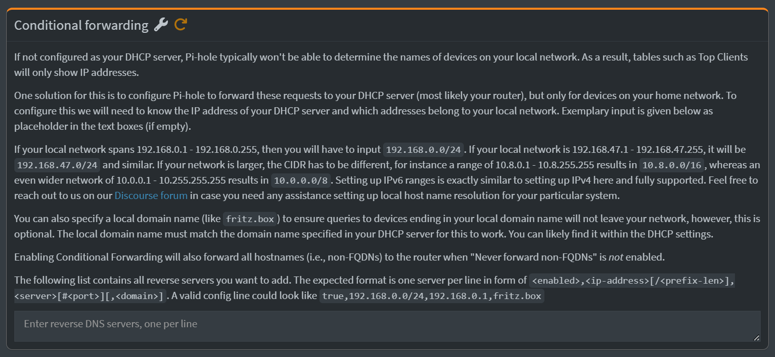 Pi-Hole Conditional Forwarding settings Pi-Hole Conditional Forwarding settings.