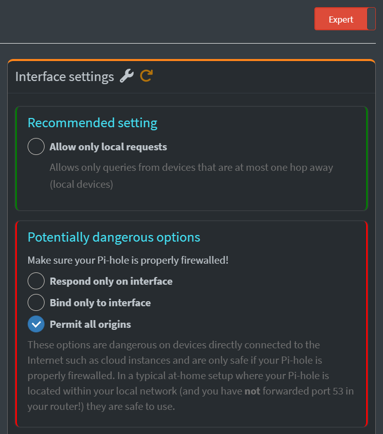 A screenshot of the Pi-Hole web-based user interface, DNS settings