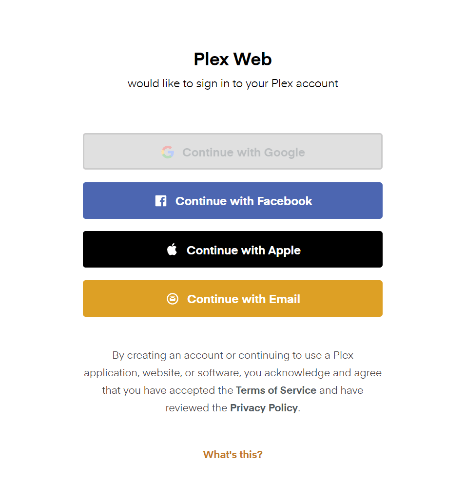 Plex Media Server login page.