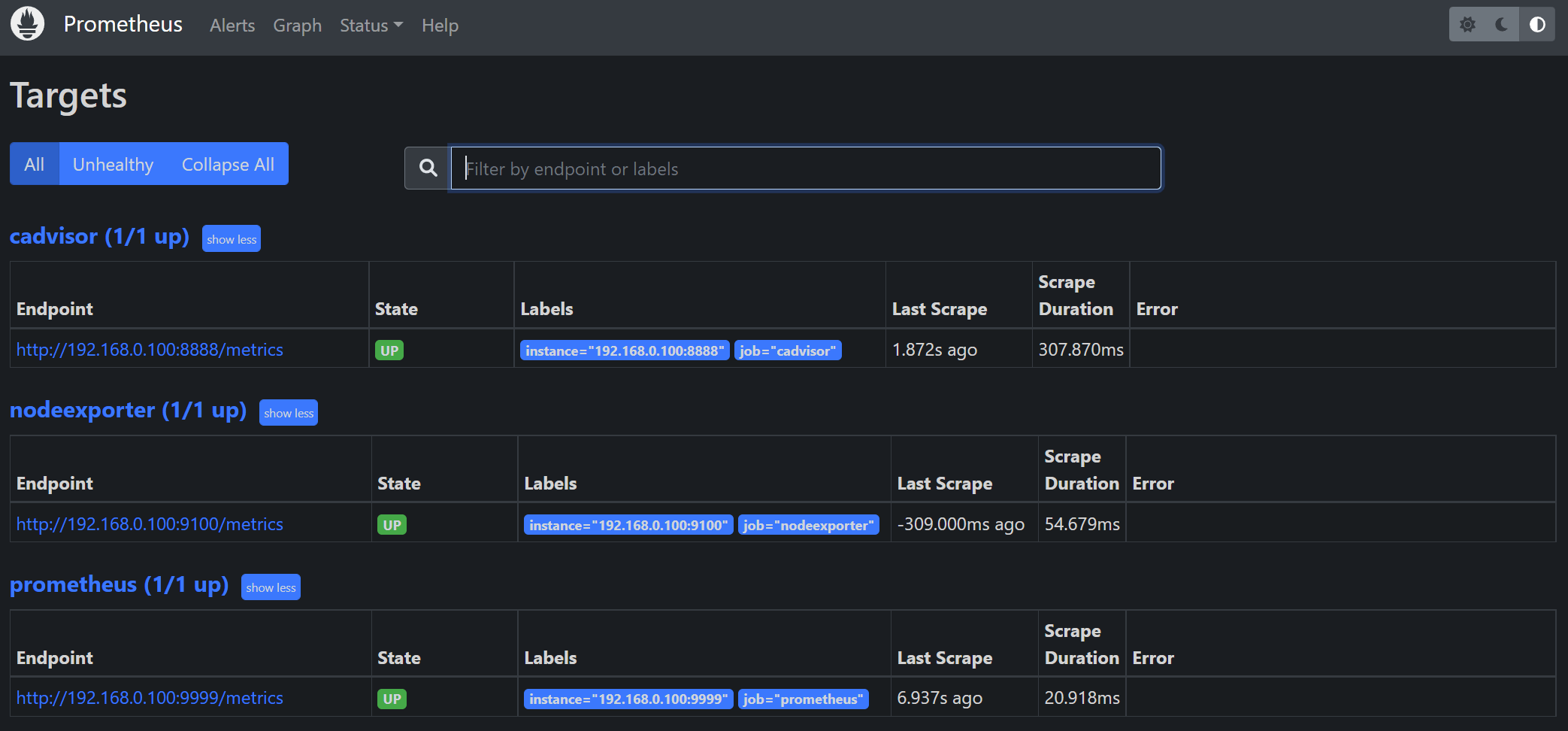 Targets in up state within Prometheus.