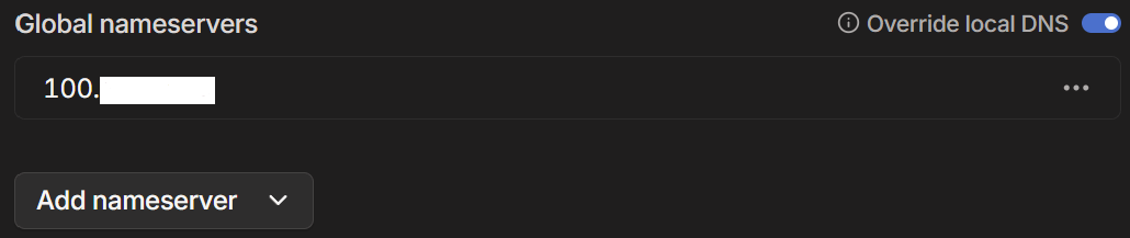 Custom nameserver with Override local DNS toggled on.