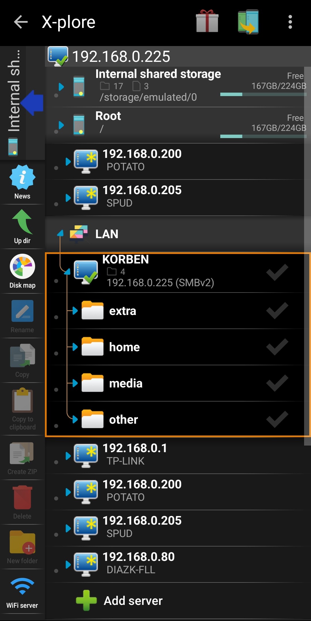 Accessing an internal storage folder in X-plore File Manager.